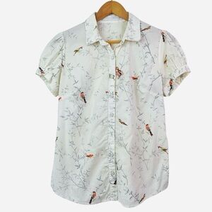 Sunhee Moon Womens Bird Print Cotton Short Puff Sleeve Button Front Shirt Size 1